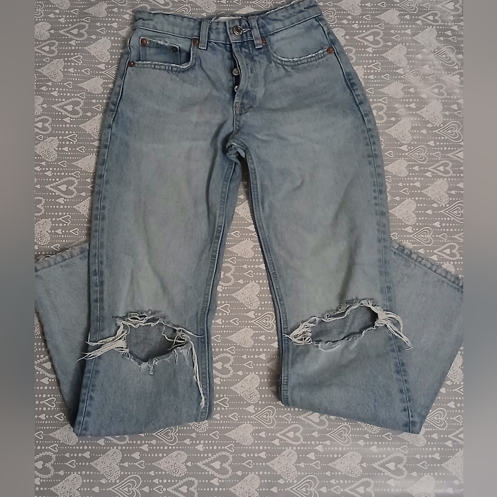 Woman's ZARA High RISE Denim Blue  straight Jeans  Distressed Bootcut Size 0 ...